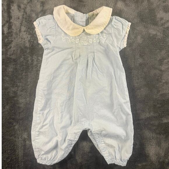 VTG 90s Laura Ashley Mother & Child Embroidered One Piece 3-6 Months Light Blue - Picture 1 of 9